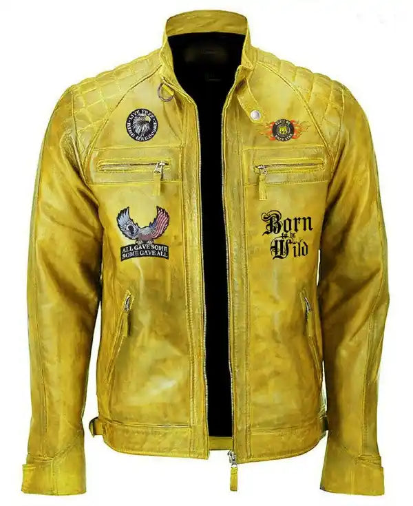 American Biker Born To The Wild Yellow Leather Jacket