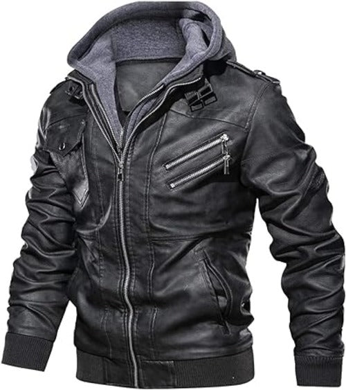 Men’s Motorcycle Bomber Jacket With a Removable Hood - PINESMAX