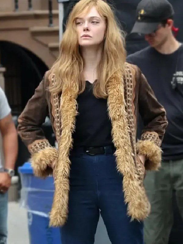 A Complete Unknown 2024 Elle Fanning Brown Fur Jacket