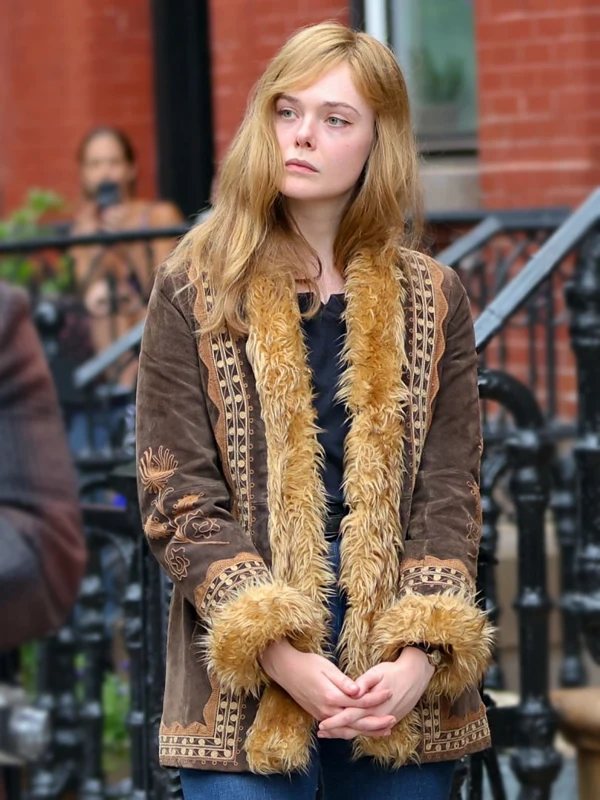 A Complete Unknown 2024 Elle Fanning Brown Fur Jacket