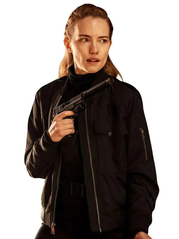 Willa Fitzgerald Alarum 2025 Black Bomber Jacket