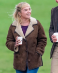 We Live In Time 2025 Florence Pugh Brown Shearling  Suede Jacket