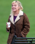 We Live In Time 2025 Florence Pugh Brown Shearling  Suede Jacket