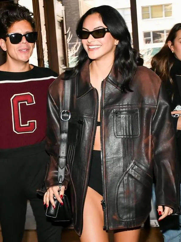 New York Fashion Week Camila Mendes Brown Leather Jacket