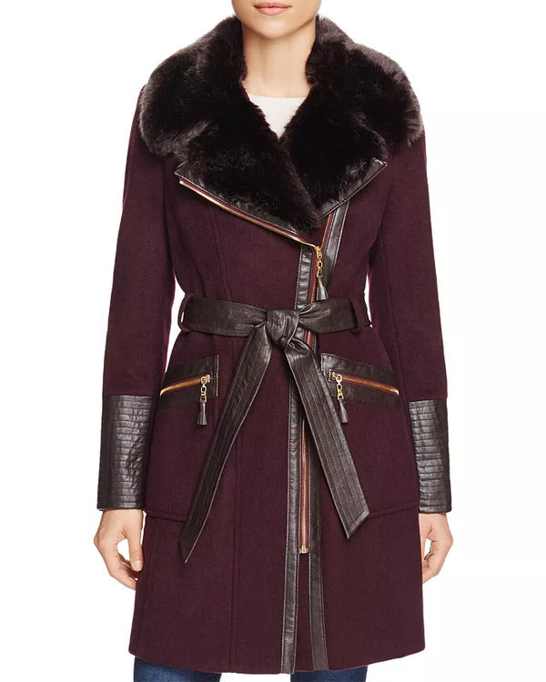 General Hospital 2024 Maura West Faux Fur-Trim Asymmetric Coat