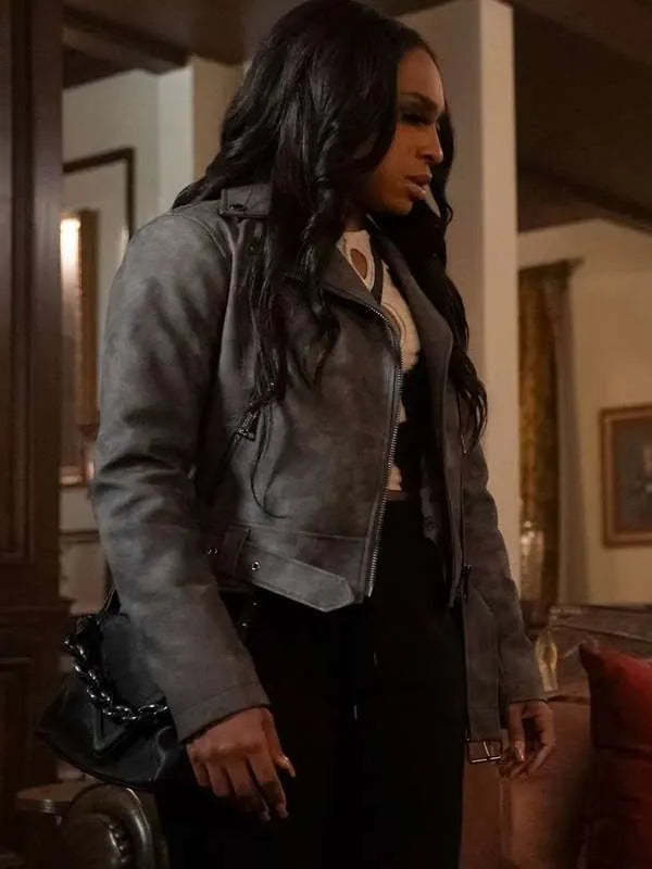 Kimmie Beauty in Black 2024 Grey Leather Jacket