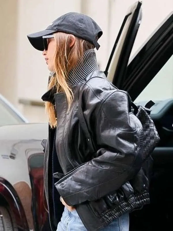 Hailey Bieber Black Bomber Leather Jacket