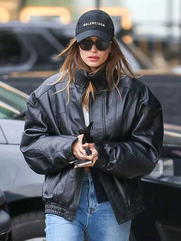 Hailey Bieber Black Bomber Leather Jacket