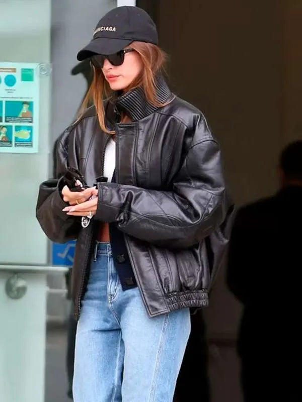 Hailey Bieber Black Bomber Leather Jacket