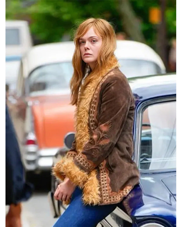 A Complete Unknown 2024 Elle Fanning Brown Fur Jacket