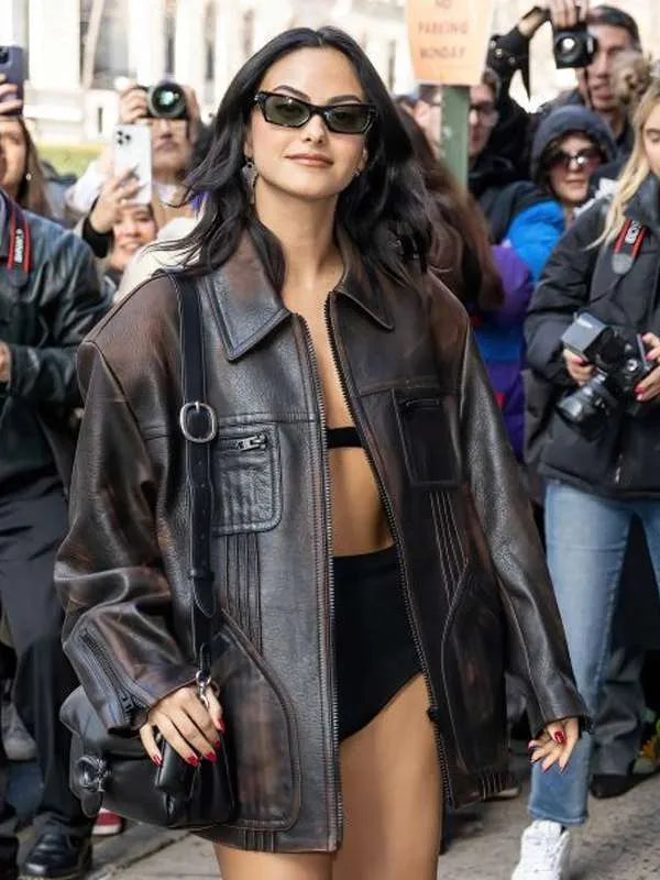 New York Fashion Week Camila Mendes Brown Leather Jacket