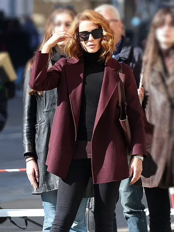 Canary Black 2024 Kate Beckinsale Maroon Wool Coat