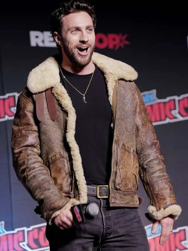 Aaron Taylor-Johnson Comic Con 2024 Shearling Leather Jacket