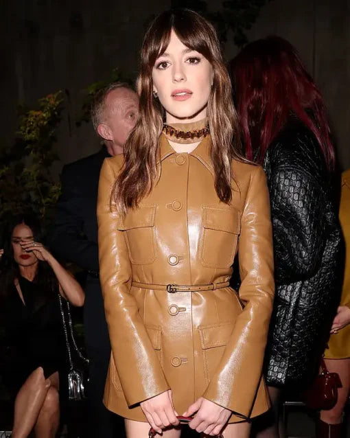 Daisy Edgar Gucci Cruise 2025 Camel Leather Coat