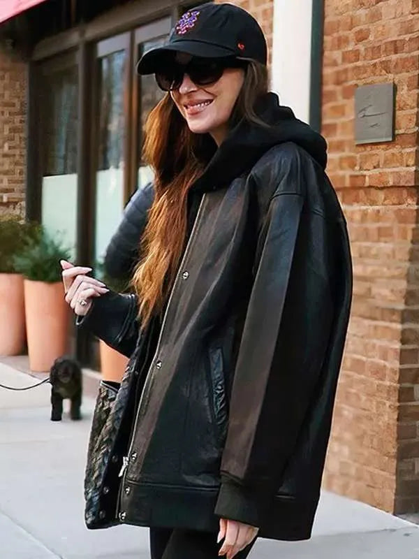 Dakota Johnson Oversized Bomber Leather Jacket