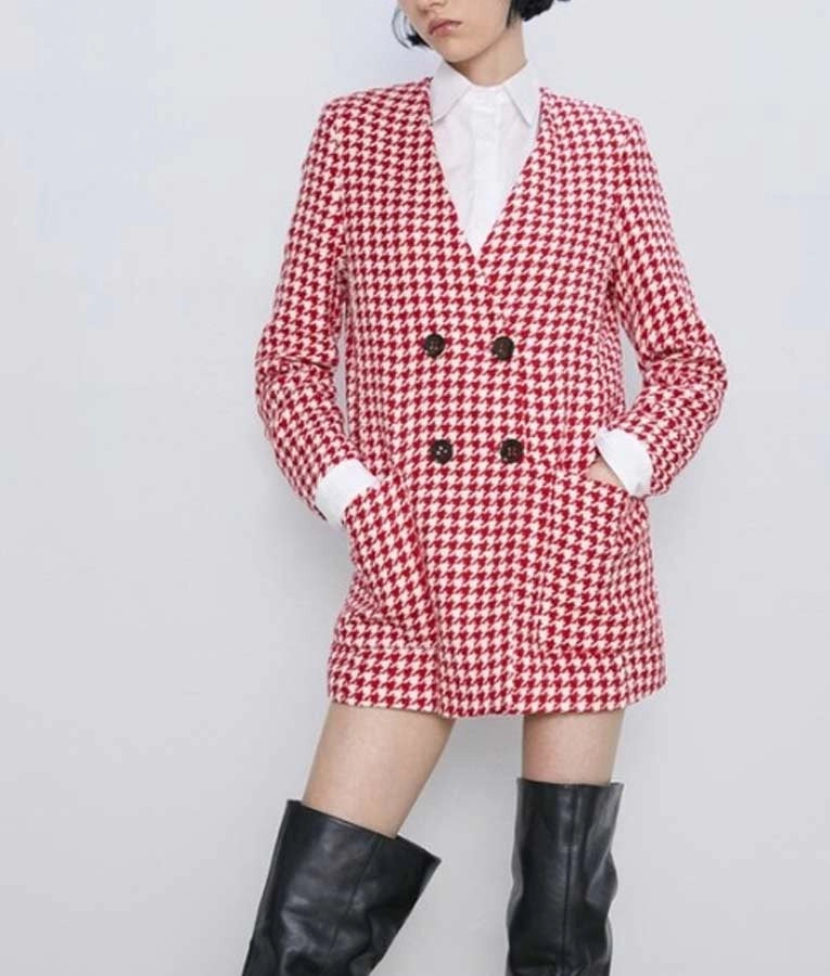 Lily Collins Emily In Paris Red & White Houndstooth Coat