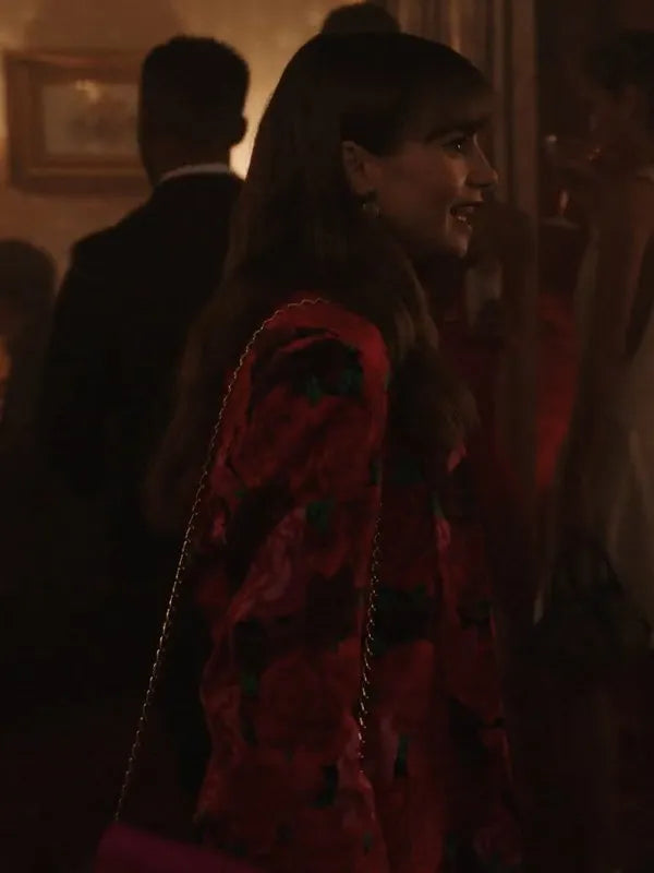 Lily Collins Emily In Paris Season 3 Red Rose Printed Blazer