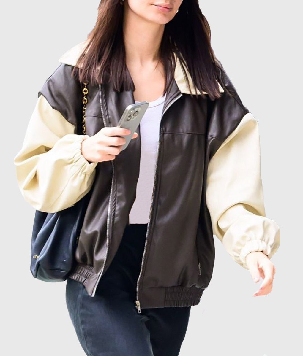 Emily Ratajkowski Two Tone Faux Leather Bomber Jacket