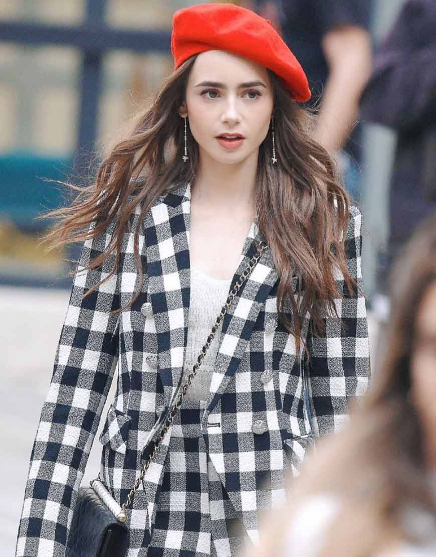 Lily Collins Emily In Paris Black & White Check Blazer