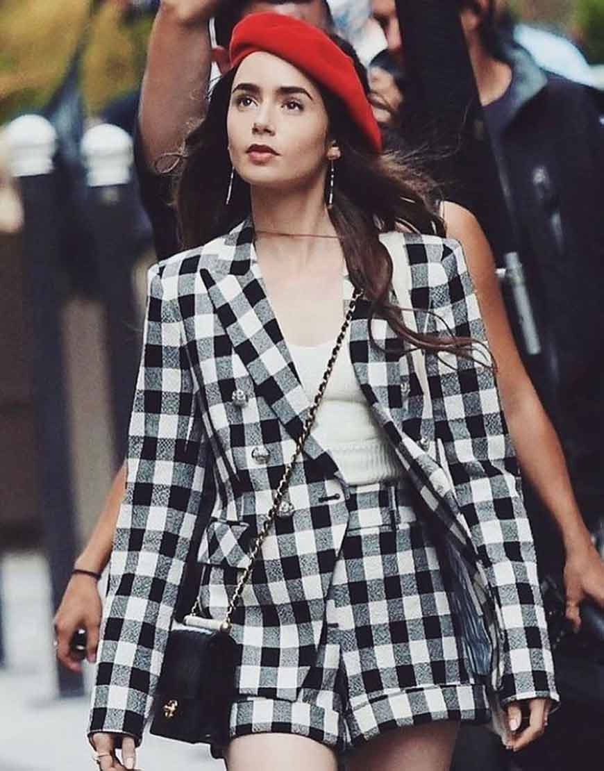 Lily Collins Emily In Paris Black & White Check Blazer