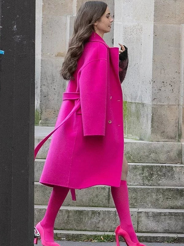 Emily In Paris Lily Collins Pink Wool Long Coat