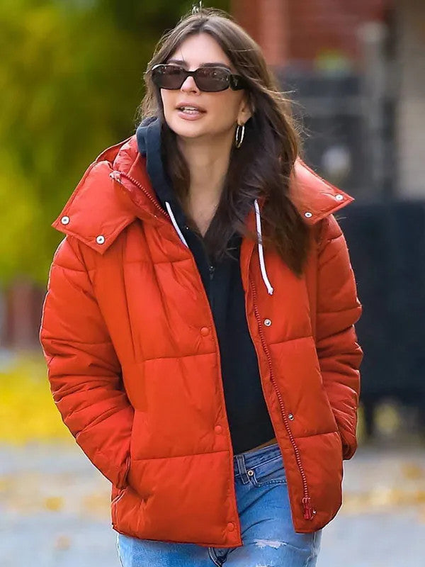 Emily Ratajkowski Orange Puffer Jacket