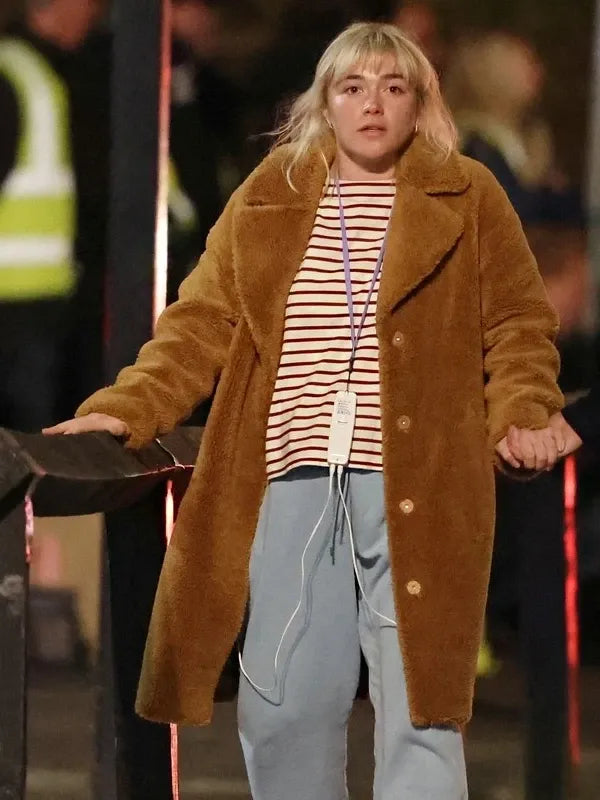 We Live In Time 2024 Florence Pugh Brown Shearling Coat