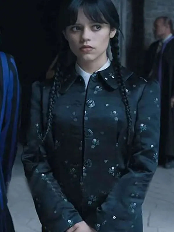 Wednesday 2022 Jenna Ortega Black Satin Floral Coat