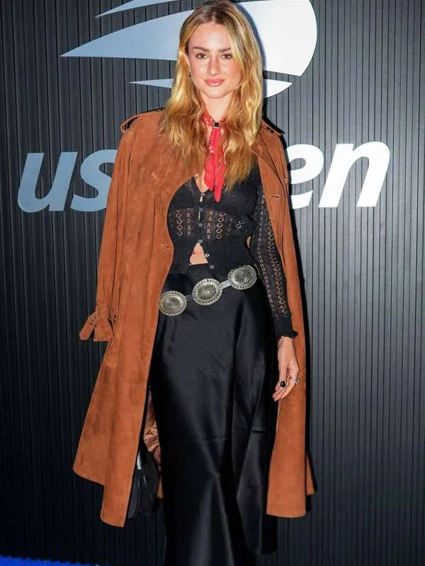 Grace Van Patten US Open 2024 Brown Leather Coat