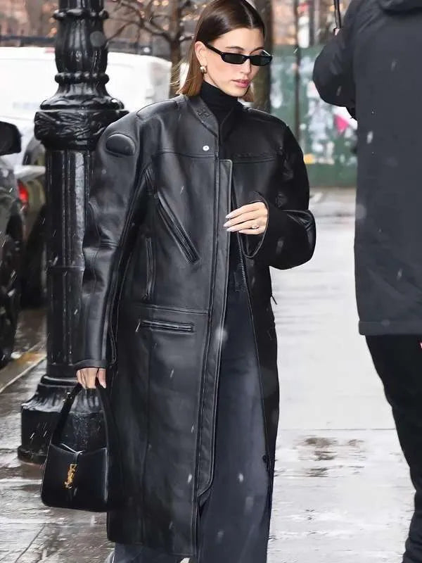 Hailey Bieber Street Style 2023 Black Leather Coat