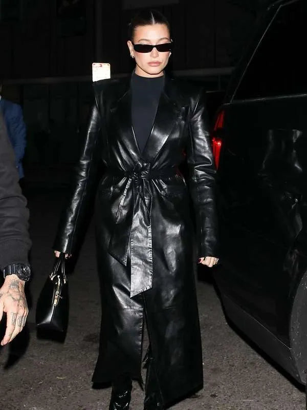 Hailey Bieber 2024 Black Leather Coat