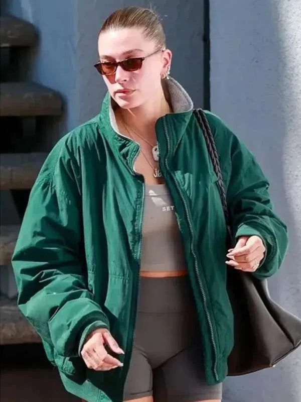 Hailey Bieber Los Angeles 2024 Green Bomber Jacket