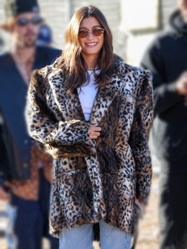 Hailey Bieber Super Bowl 2024 Animal Print Fur Coat