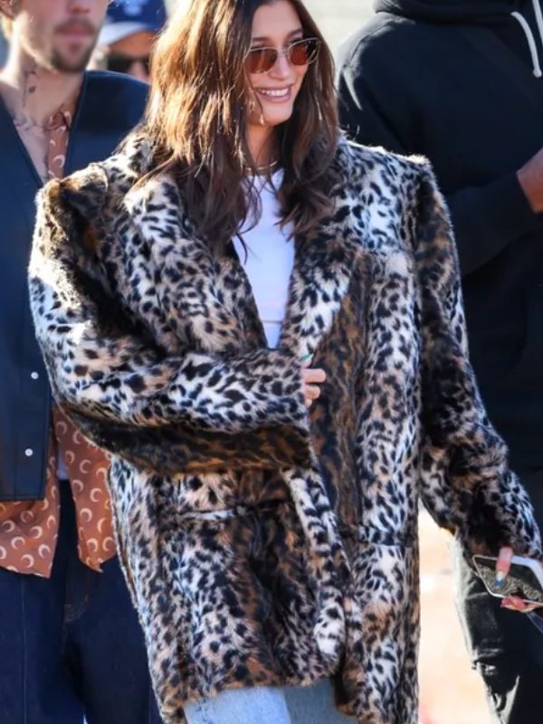 Hailey Bieber Super Bowl 2024 Animal Print Fur Coat