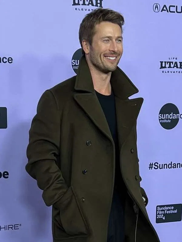 Hit Man 2024 Glen Powell Green Wool Coat