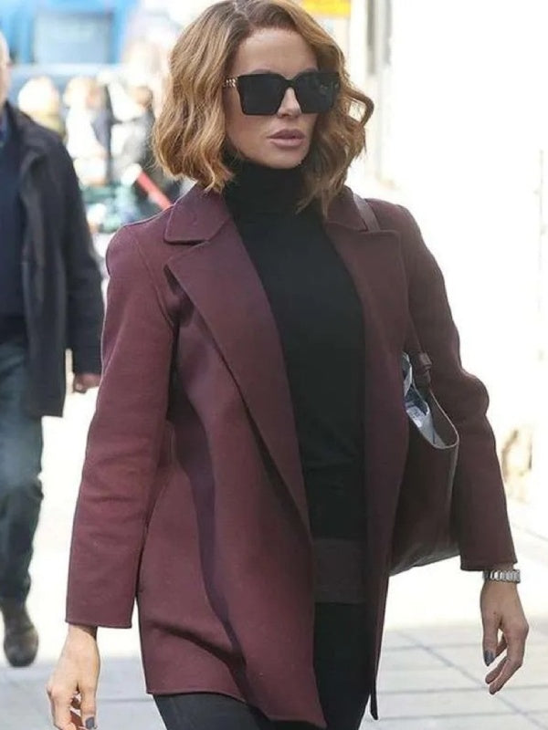 Canary Black 2024 Kate Beckinsale Maroon Wool Coat