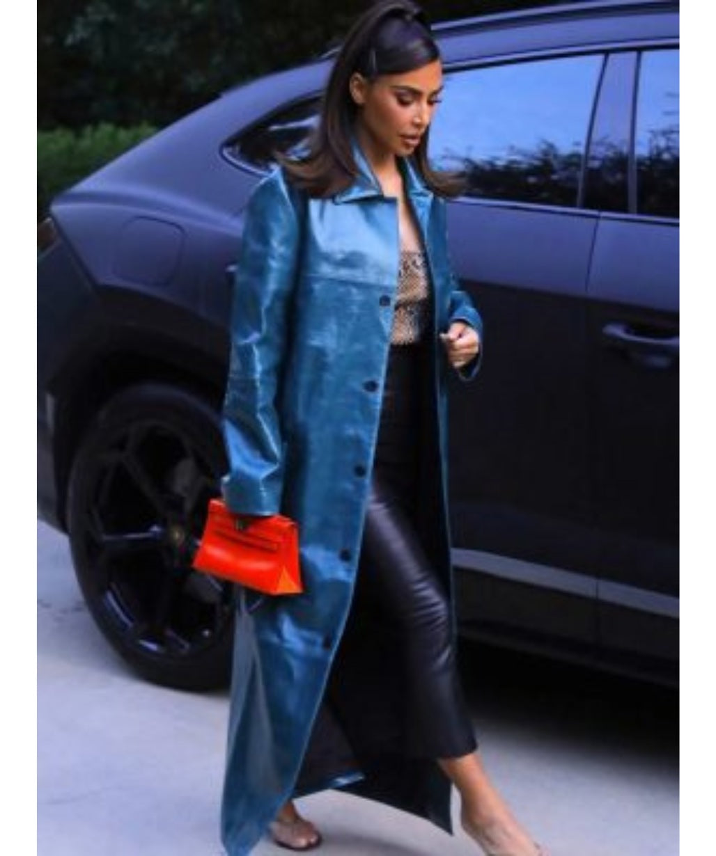 Kim Kardashian Street Wear Blue Leather Coat