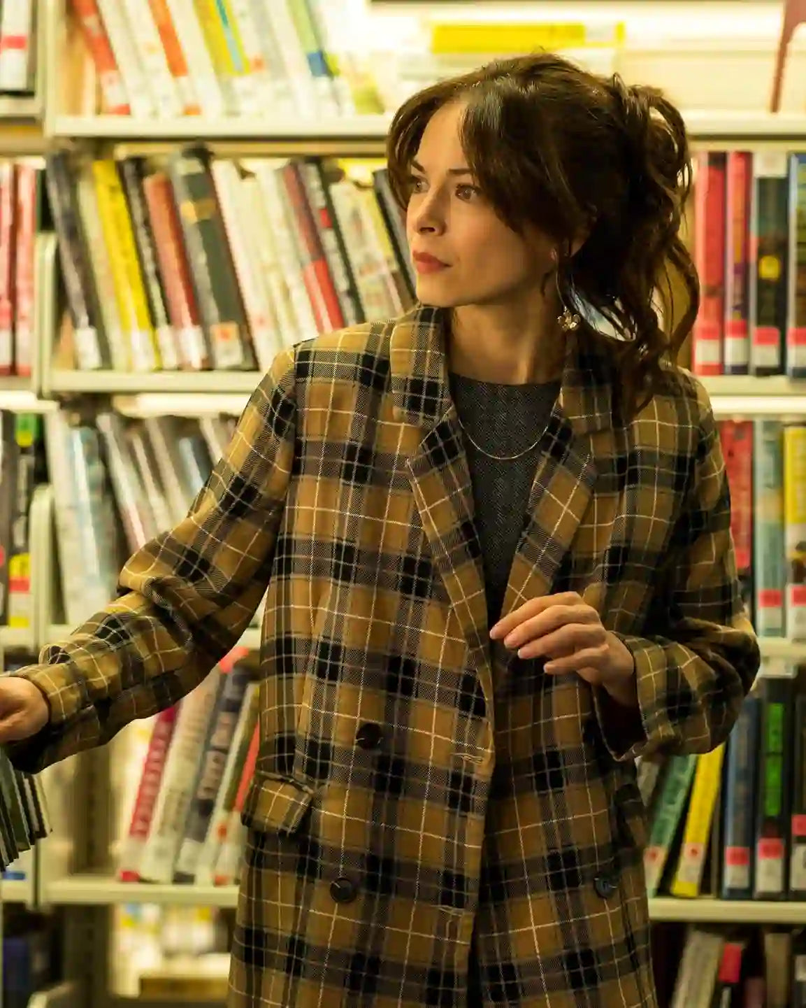 Kristin Kreuk Murder in a Small 2024 Plaid Coat