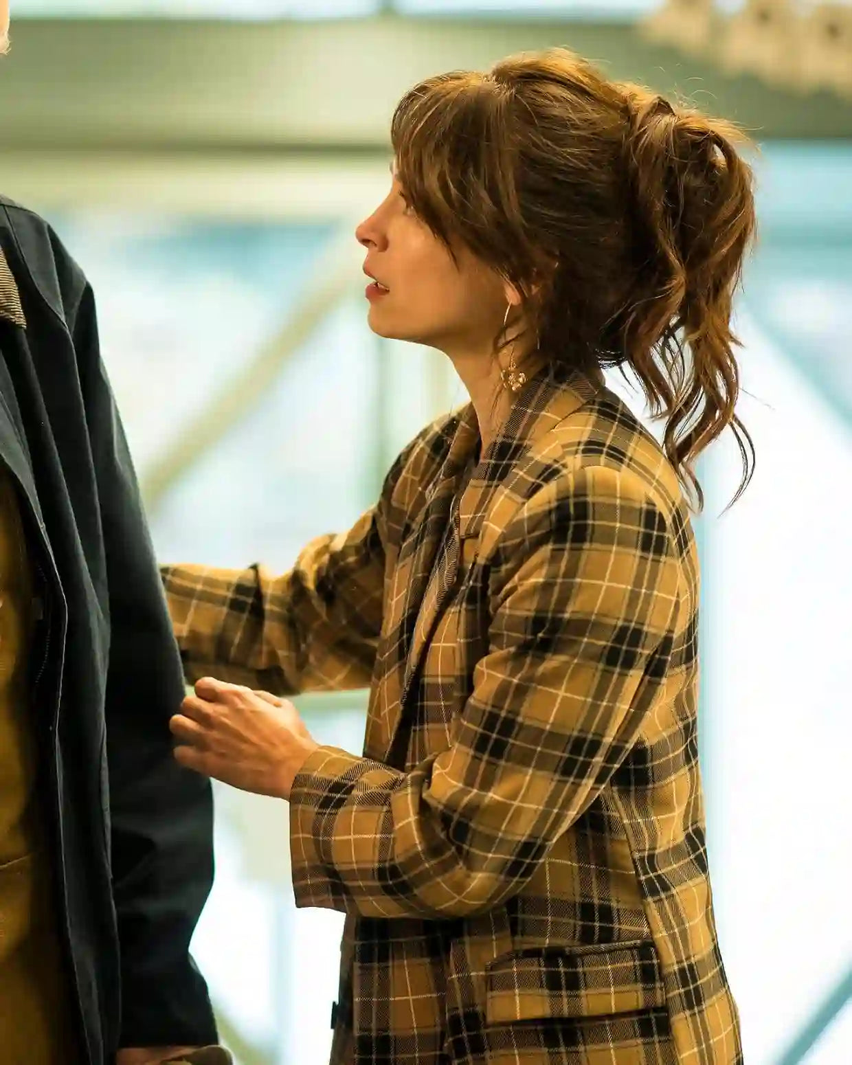 Kristin Kreuk Murder in a Small 2024 Plaid Coat