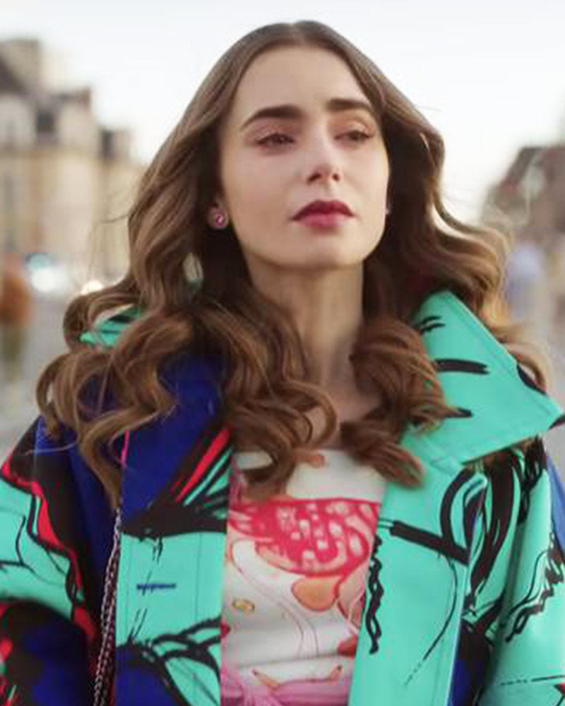 Emily In Paris Season 2 Lily Collins Blue Printed Coat