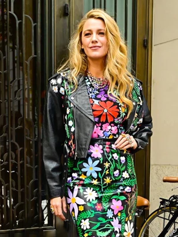 It Ends With Us 2024 Blake Lively Black Leather Floral Jacket