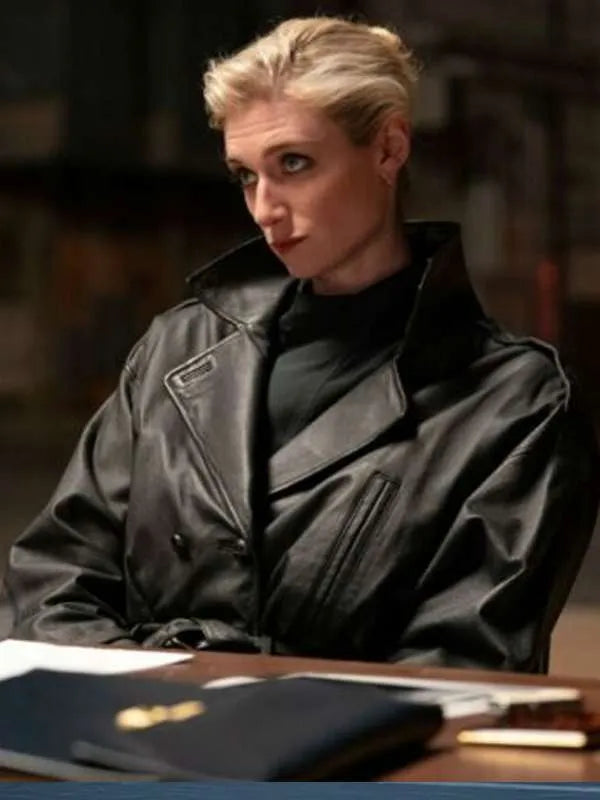 MaXXXine 2024 Elizabeth Debicki Black Leather Coat