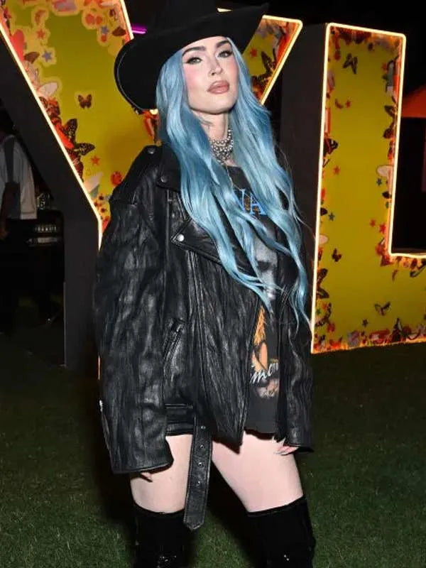 Coachella 2024 Megan Fox Black Oversized Leather Jacket