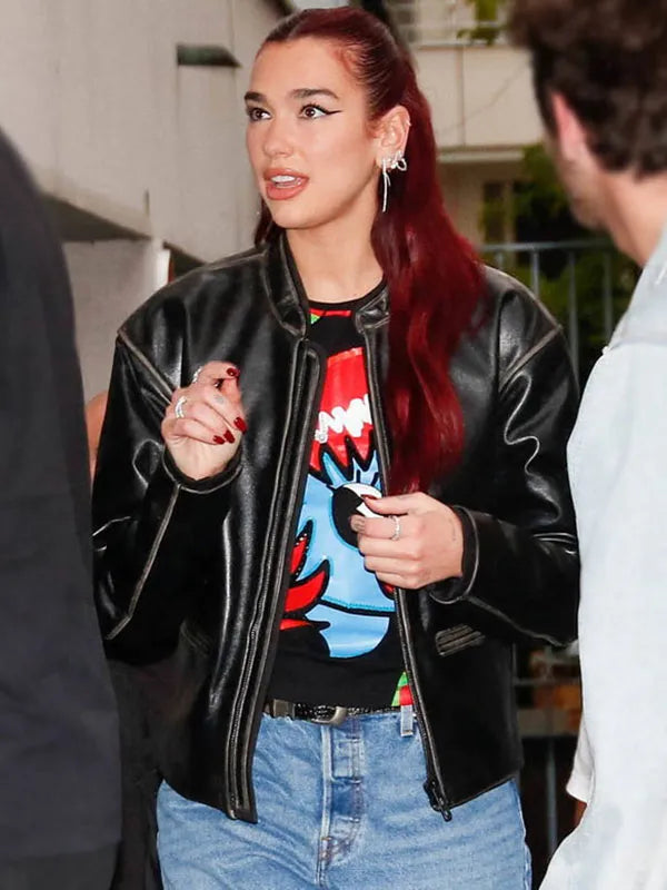 NRJ Radio Studio Dua Lipa Black Leather Jacket