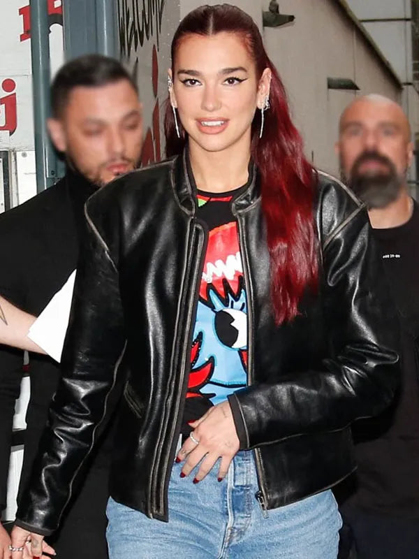 NRJ Radio Studio Dua Lipa Black Leather Jacket