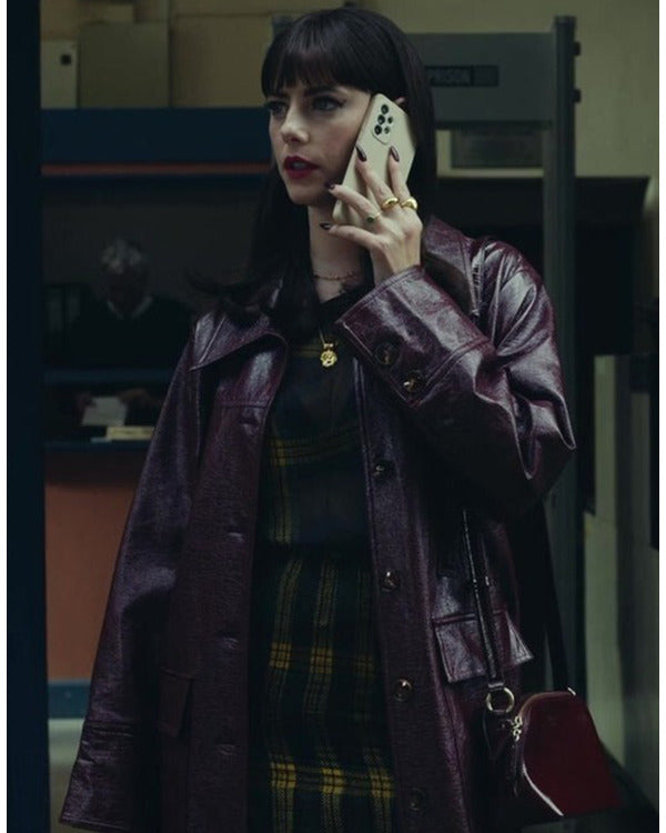 The Gentlemen 2024 Kaya Scodelario Burgundy Leather Coat