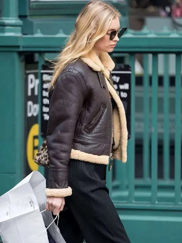 Elsa Hosk Brown B3 Shearling Leather Jacket