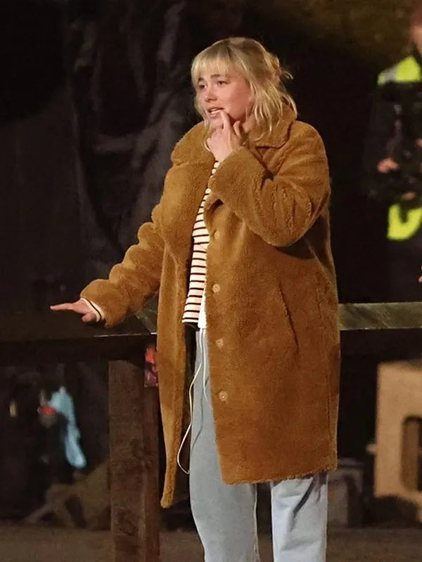 We Live In Time 2024 Florence Pugh Brown Shearling Coat