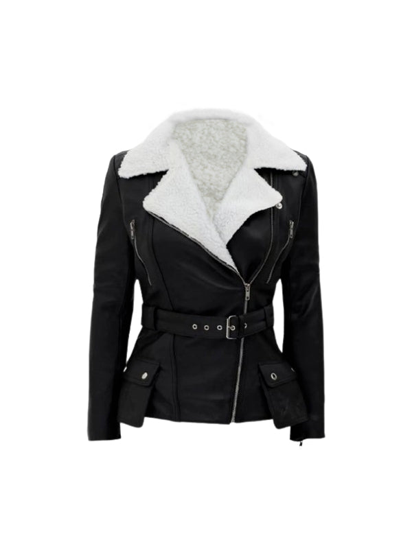 Women’s Asymmetrical Shearling Biker Leather Jacket