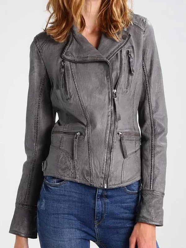 Womens Grey Biker Leather Jacket